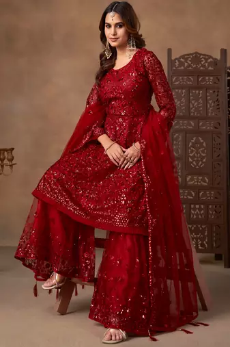 Outstanding Red Embroidered Net Function Wear Sharara Suit