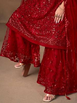 Outstanding Red Embroidered Net Function Wear Sharara Suit 4
