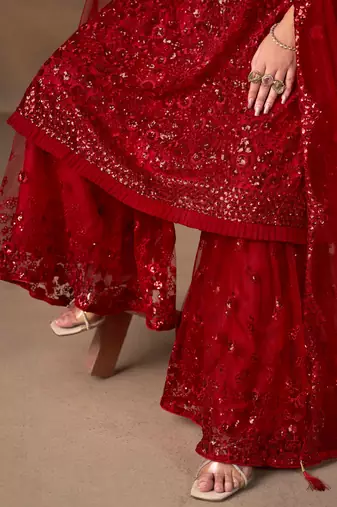 Outstanding Red Embroidered Net Function Wear Sharara Suit