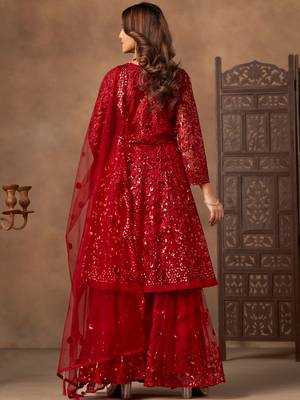 Outstanding Red Embroidered Net Function Wear Sharara Suit 5