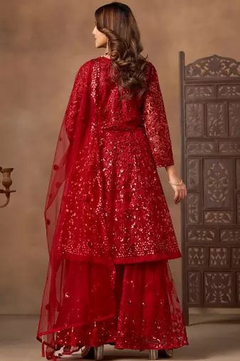 Outstanding Red Embroidered Net Function Wear Sharara Suit