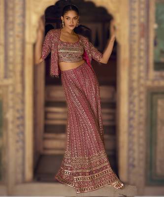 pink embroidered georgette ready-made plazzo set with blouse & jacket 1