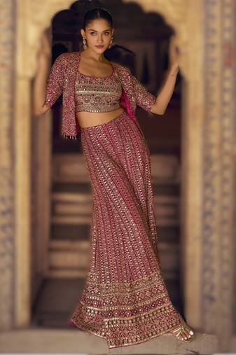 pink embroidered georgette ready-made plazzo set with blouse & jacket