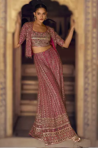 Pink premium embroidered georgette ready-made plazzo set with blouse & jacket