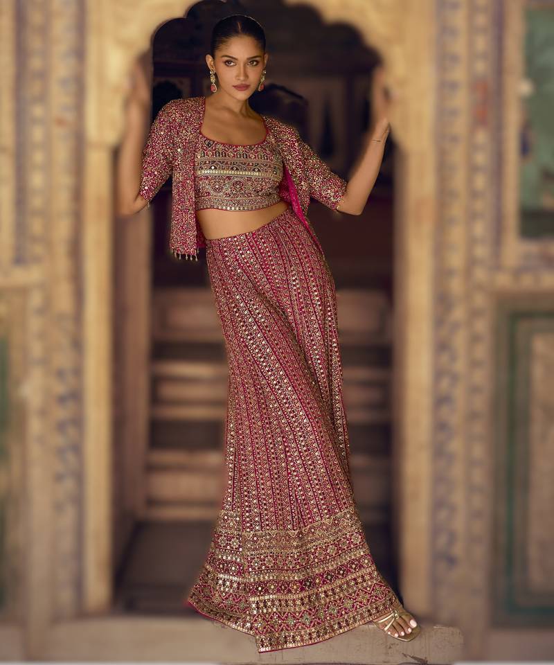 Pink premium embroidered georgette ready-made plazzo set with blouse & jacket