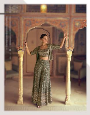 green embroidered georgette ready-made plazzo set with blouse & jacket 1