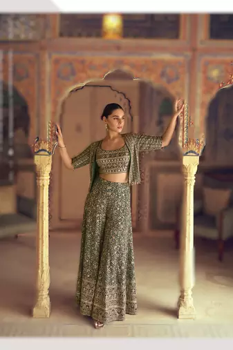 Green premium embroidered georgette ready-made plazzo set with blouse & jacket