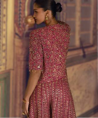 pink embroidered georgette ready-made plazzo set with blouse & jacket 2