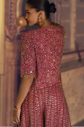 pink embroidered georgette ready-made plazzo set with blouse & jacket