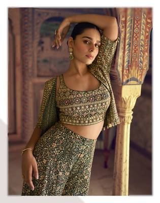 green embroidered georgette ready-made plazzo set with blouse & jacket 2
