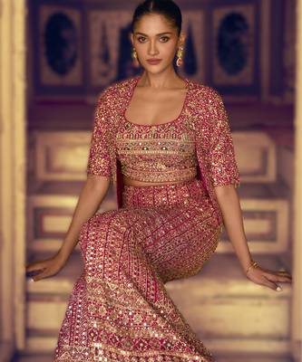 pink embroidered georgette ready-made plazzo set with blouse & jacket 3