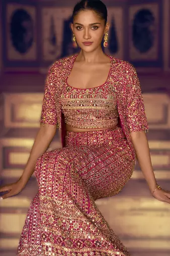 pink embroidered georgette ready-made plazzo set with blouse & jacket
