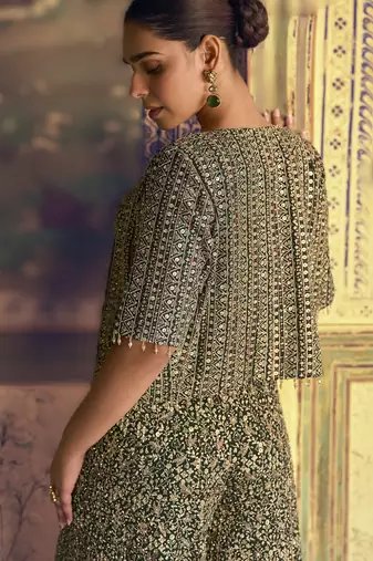 green embroidered georgette ready-made plazzo set with blouse & jacket