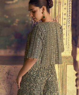 green embroidered georgette ready-made plazzo set with blouse & jacket 4