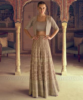 chiku embroidered georgette ready-made palazzo set with blouse & jacket 1
