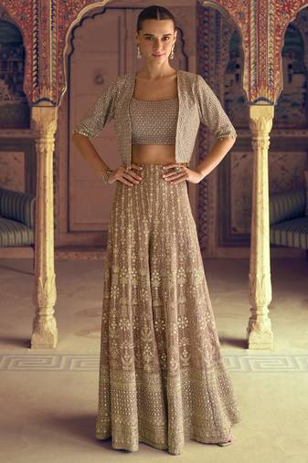 chiku embroidered georgette ready-made plazzo set with blouse & jacket