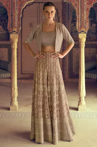 Chiku premium embroidered georgette ready-made plazzo set  with blouse & jacket