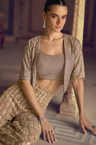 chiku embroidered georgette ready-made plazzo set with blouse & jacket
