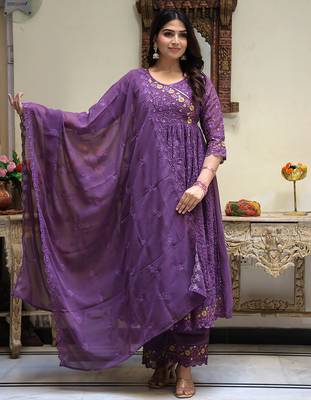 women's purple embroidered georgette kurta pant dupatta set 1
