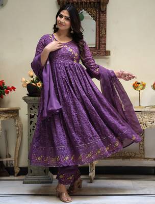 women's purple embroidered georgette kurta pant dupatta set 2