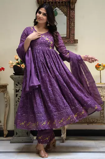 women's purple embroidered georgette kurta pant dupatta set