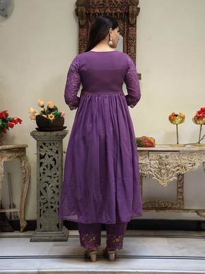 women's purple embroidered georgette kurta pant dupatta set 3