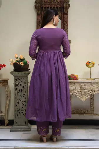 women's purple embroidered georgette kurta pant dupatta set