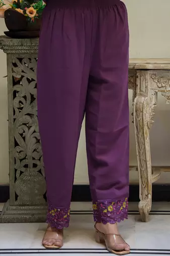 women's purple embroidered georgette kurta pant dupatta set
