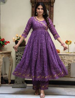 women's purple embroidered georgette kurta pant dupatta set 5