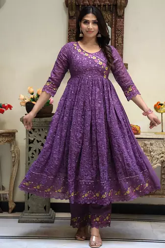 women's purple embroidered georgette kurta pant dupatta set