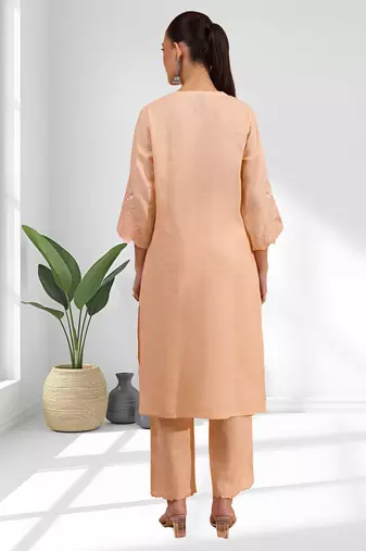 Coral linen long kurta with pant for women's