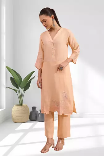 Coral linen long kurta with pant for women's