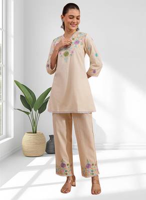 Cream linen kurta with pant for women's 1