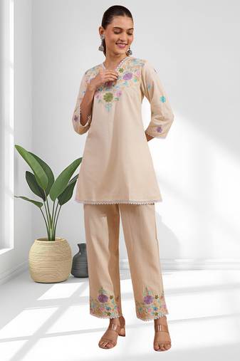 Cream linen kurta with pant for women's