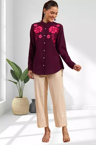 Wine vertical silk only top for women's