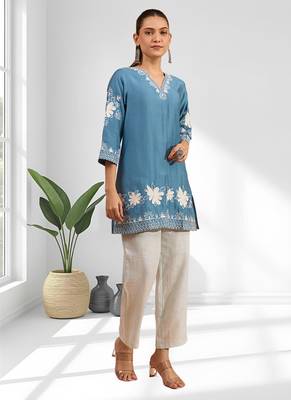 Sky blue vertical silk only top for women's 1
