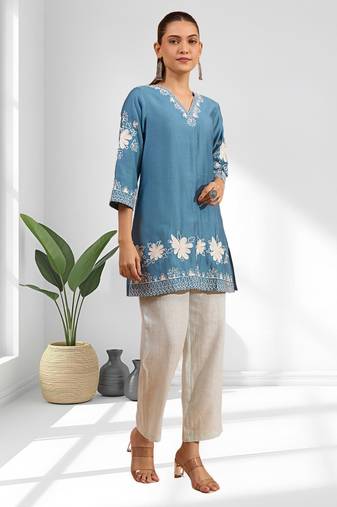 Sky blue vertical silk only top for women's