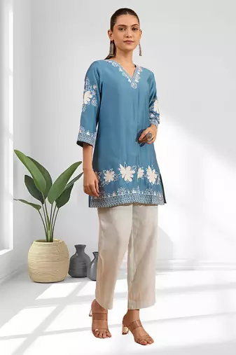 Sky blue vertical silk only top for women's