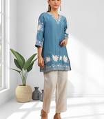 Sky blue vertical silk only top for women's