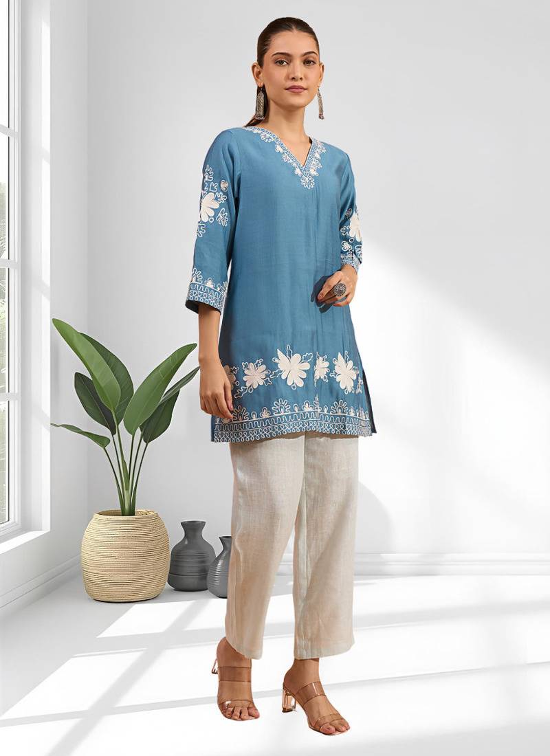 Sky blue vertical silk only top for women's