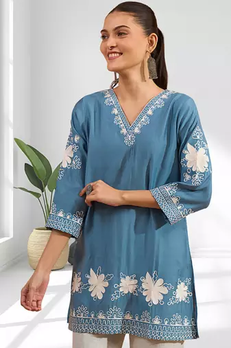 Sky blue vertical silk only top for women's