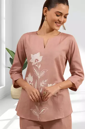 Cotton pink aari work kurta set for women's