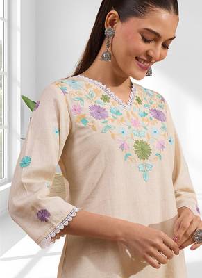 Cream linen kurta with pant for women's 3