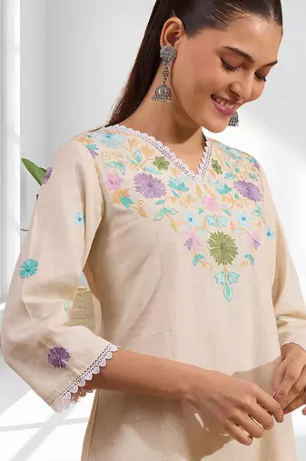 Cream linen kurta with pant for women's