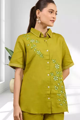 Cotton olive embroidery shirt pant for women's
