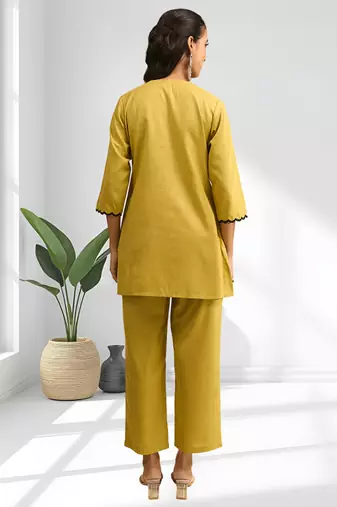 Cotton yellow aari work kurta pant for women's