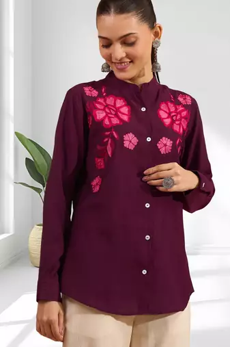 Wine vertical silk only top for women's