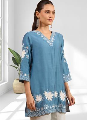 Sky blue vertical silk only top for women's 3