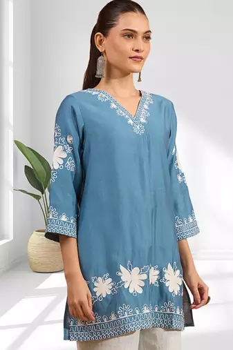 Sky blue vertical silk only top for women's