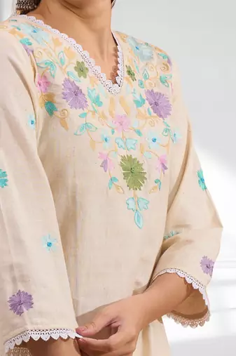 Cream linen kurta with pant for women's